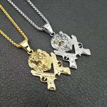 Hip Hop Rock Gold Silver Color Stainless Steel Double Gun Lion Pendants Necklace for Men Rapper Jewelry Drop Shipping 2024 - buy cheap
