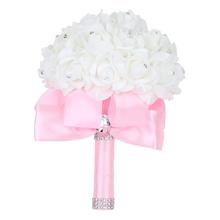 2019 Handmade Romantic Pink Bridal Bridesmaid Flower Wedding Bouquet Artificial Flower Rose Ribbon Crystal Bouquets de noiva 2024 - buy cheap