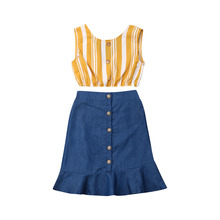 2-7Y Summer Kids Baby Girl Clothes Sets Sleeveless Striped Tank Tops Ruffles Button Denim Skirt 2PCS Outfits Girls Clothing Set 2024 - buy cheap