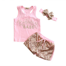3 uds. Camiseta rosa de verano con letras para recién nacidos y bebés + pantalones cortos de lentejuelas brillantes + trajes de banda elástica ropa para el sol 2024 - compra barato