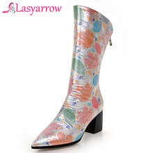 Lasyarrow Printing Boots Female Autumn Winter Fashion Mid Calf Boots For Women High Heels Retro Shoes Woman Knight Riding Boots 2024 - buy cheap