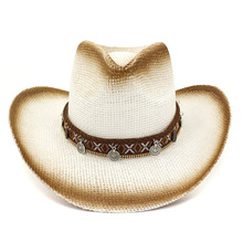 QBHAT-sombrero de paja de vaquero pintado con aerosol para hombre y mujer, sombrero de ala ancha para playa, con protección solar de Jazz para el sol, color marrón 2024 - compra barato