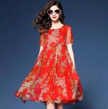 vestidos verano 2018 Summer Vintage Women Dresses Short sleeve red Floral Loose printing Silk Dress Plus Size Casual Dresses 2024 - buy cheap