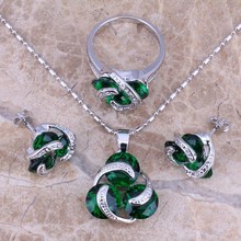 Distinctive Green Cubic Zirconia Silver Plated Jewelry Sets Earrings Pendant Ring Size 6 / 7 / 8 / 9 / 10 S0126 2024 - buy cheap