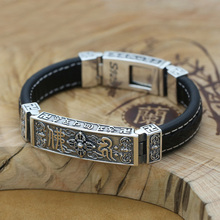Pulseira masculina de prata esterlina 100%, bracelete de couro fino, símbolo de vajra, prata pura, palavras tibetanas, joias, 925 2024 - compre barato