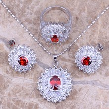 Red Garnet White CZ Silver Plated Jewelry Sets Earrings Pendant Ring Size 6 / 7 / 8 / 9 / 10 S0107 2024 - buy cheap