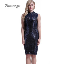 Ziamonga 2018 European Style Stand Neck Sleeveless Sequin Dress Women Black Blue Midi Party Dresses Women Sexy Vestido De Noiva 2024 - buy cheap