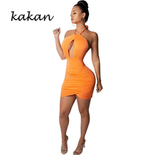 Kakan summer new women's dress sexy hanging neck backless irregular bag hip dress orange wine red green black dress 2024 - buy cheap