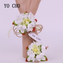 Yo cho corda de cânhamo branco rosa nupcial pulso corsage menina casamento baile de formatura irmãs mão artificial flores de seda pulseira 2024 - compre barato