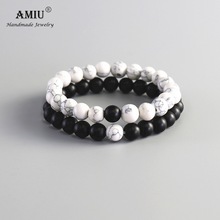 Bracelete clássico de 2 partes para casais amiu, pedra natural preta e branca para homens e mulheres, pulseira com contas em yin yang 2024 - compre barato