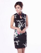 Black Summer Chinese Women's Silk Rayou Mini Halter Cheongsam Qipao Dress Peafowl Size S M L XL XXL Free Shipping JY055-2 2024 - buy cheap