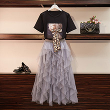 New Summer Fashion Women's Sets Leopard Print Bow Short Sleeve T-shirts + Irregular Mesh Skirts Female Skirt Suits Fairy 2024 - buy cheap