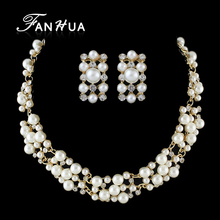 FANHUA  Wedding Jewelry Set Simulated Pearl Jewelry Perolas  Rhinestone Collar Necklace Bridal Sqare Earrings 2024 - buy cheap