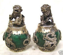 tibet silver Green Jade Carving Figures Dragon Phoenix lion foo dog Statue Garden Decoration 100% real Tibetan Silver Brass 2024 - buy cheap