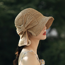 Sombrero de sol con lazo de rafia para mujer, gorro de ala ancha flexible, hecho a mano, para playa, Panamá, cúpula de paja, para sombra 2024 - compra barato