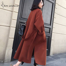 Zoe Saldana женское повседневное шерстяное пальто с длинным рукавом и отложным воротником зимнее пальто с поясом свободное солидное пальто 2024 - купить недорого