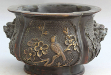 song voge gem S1864 8" Old Marked Chinese Dynasty Bronze Lion Head Flower Bird Incense Burner Censer 2024 - buy cheap