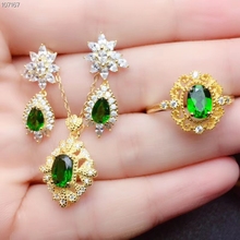 charming clear green Diopside gemstone ring  earrings and necklace  jewelry set with golden silver 2024 - buy cheap