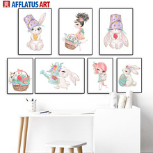 Cute Girl Rabbit Rose Flower Animals Nordic Posters And Prints Wall Art Canvas Painting Nursery Wall Pictures Kids Room Decor 2024 - buy cheap