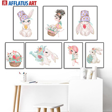 Pósteres nórdicos para decoración de la habitación de los niños, pintura en lienzo con dibujos de animales, flores, rosas, conejos, chica bonita 2024 - compra barato