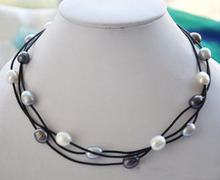 Elegant Handmade Real Pearl Jewelry 3row 18'' 10-14mm White Gray Black Rice Freshwater Pearl Black Leather Necklace 2024 - buy cheap