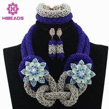 Latest Nigerian Wedding Royal Blue African Beads jewelry Set Silver Beads Bride Jewelry Handmade Free Shippingt HX623 2024 - buy cheap