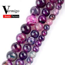 Cuentas de piedra Natural para fabricación de joyas, cuentas sueltas redondas de ágatas de línea verde fucsia para pulsera Diy de 6, 8 y 10mm, tamaño a elegir, venta al por mayor 2024 - compra barato