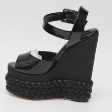 Sandália da cunha da plataforma sexy para a mulher couro preto patente tornozelo cinta alta plataforma sandália super sapatos de verão alto personalizado 2024 - compre barato