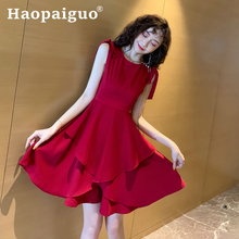 Big Size Summer Korean Red Dress Women Sleeveless Corset Modis Ladies Dresses with Bow Pleated Cake Style Evening Party Dress 2024 - buy cheap