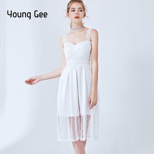 Young Gee White Cami Spaghetti Strap Bandage Dress Summer Sleeveless Mesh Embroidery Floral Women Party Dresses vestidos 2024 - buy cheap