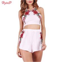 HziriP Women 2 Piece Set Ladies Shorts Set Flower Embroidered Crops Tops T-shirts And Shorts 2017 Summer Casual Sleeveless Suits 2024 - buy cheap