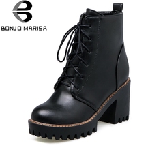 BONJOMARISA 2020 High Quality Solid Black Platform Motorcycle Boots Women Autumn Winter lace-up High Heels Shoes Woman 33-43 2024 - buy cheap