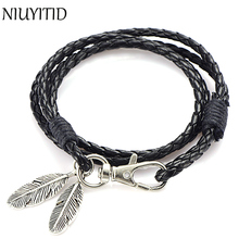 NIUYITID-pulsera de piel sintética negra para hombre, accesorios de plumas de color plateado, joyería para hombre, abalorio para hombre 2024 - compra barato