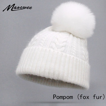 New Simple Winter Rabbit Fur Beanie Hat With Real Fur Pom Pom Hat For Women Colourful Skullies Warm Female Cap 2024 - buy cheap