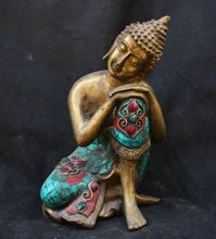 7.6 inch/ Elaborate Chinese copper Tibet artificial turquoise meditation Buddha statue 2024 - buy cheap