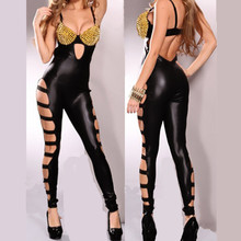 Black Fashion Sexy Women Vinyl Leather Jumpsuit Sexy Rivet Bra Bodysuit Playsuit Overalls Women Rompers DS Dance Costume 2024 - buy cheap