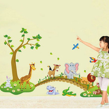 Animais da floresta dos desenhos animados adesivos de parede árvore ponte leão girafa elefante adesivos de parede para crianças quarto jardim de infância decoração papel de parede 2024 - compre barato