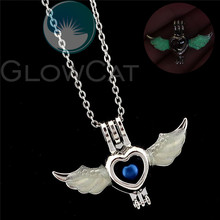 Green Glow in the Dark Angel Wings Heart Beads Cage Pendant Perfume Diffuser Pearl Cage Locket Necklace R-K1020 2024 - buy cheap