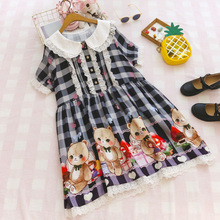 Japanese Style Mori Girl Bear Print Plaid Dresses Summer Women Girl Lace Peter Pan Collar Cute Dress Vestidos 2024 - buy cheap