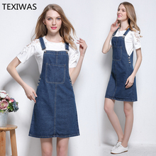 TEXIWAS 2019 botão Casual Solta Macacão Mulheres Denim UMA linha de Vestido Vestido Feminino Strap sem costas Vestido Jeans Plus Size Vestido de Verão 2024 - compre barato