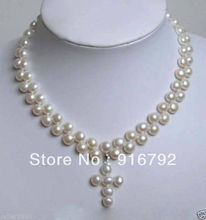 Wholesale free shipping >>>>>White Freshwater Pearl Necklace & cross pendant 17" 2024 - buy cheap