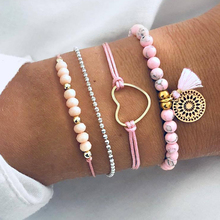 4 Pcs/Set Women's Delicate Pink Gem Beads Love Heart Tassel Geometry Pendant Bracelet Set Bohemian Charm Jewelry Accessories 2024 - buy cheap