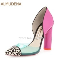 ALMUDENA Gorgeous Sweet Style Pink Chunky Heels Leopard Pointed Toe Pumps Nice Transparent PVC Patchwork Thick Heel Dress Shoes 2024 - buy cheap