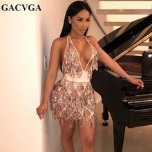 GACVGA 2020 Summer Sequin Backless Bandage Dress Women Sexy Nightclub Party Mini Dress Bodycon Black V Neck Dresses Vestidos 2024 - buy cheap