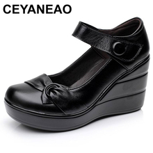 CEYANEAO-zapatos de tacón alto de piel auténtica para mujer, cuñas de plataforma, color negro, primavera y otoño, 2019 2024 - compra barato