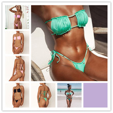 Bikini de estilo brasileño para mujer, traje de baño de dos piezas con vendajes altos, estilo brasileño, color sólido, ropa de playa 2024 - compra barato