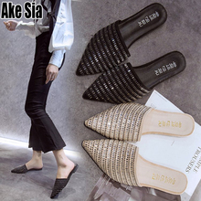 New Sexy Women Stylish Chain of Rhinestone Pointed Toe Casual Half Mules Low Square Heels Scuff Slides Girls Slippers Shoes A817 2024 - buy cheap