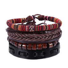 4 pçs/set Punk Rock Multilayer Pulseira De Couro Dos Homens de Madeira Beads Braid Corda Envoltório Pulseiras & Bangles Jóias Para Mulheres Dropshipping 2024 - compre barato