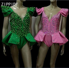 Sparkly Rhinestones Mesh Bodysuit Green Pink Stones Sleeveless Bodysuit Female Singer Costume Women's Birthday Dance Outfit 2024 - buy cheap