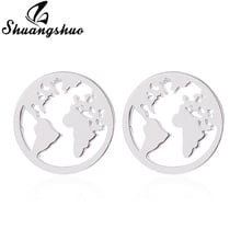 Shuangshuo Map Stud Earrings For Women Stainless Steel Earrings Round World Map Earrings Vintage Ear brincos Jewelry Gift 2024 - buy cheap